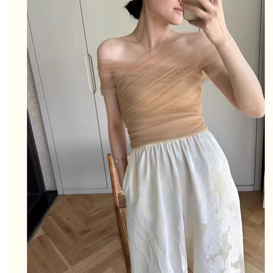 Rose Ono猪婆透视网纱褶皱性感一字领弹性显瘦修身雪纺上衣