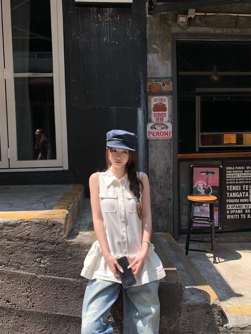 【绮梦少女】气质荷叶裙摆A字背心连衣裙女夏季2025新款显瘦牛仔裤