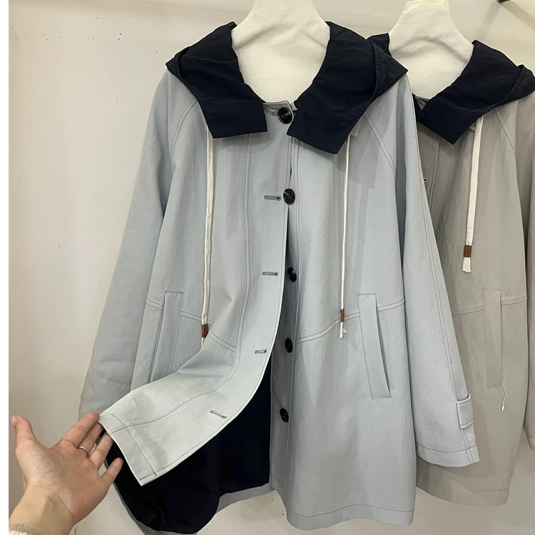2025年春季新款风衣女韩版连帽拼色廓形大版型宽松休闲中长款外套