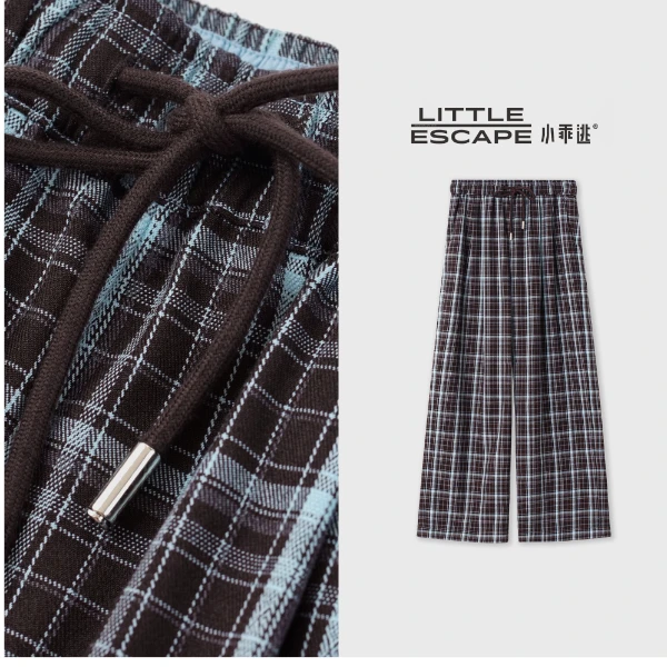 小乖逃秋款休闲时尚蓝色格子长裤网格清梦休闲裤松紧腰M8793