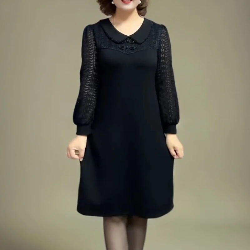 中式2025妈妈秋季新款拼接连衣裙洋气时尚蕾丝长袖裙子显瘦遮肚子