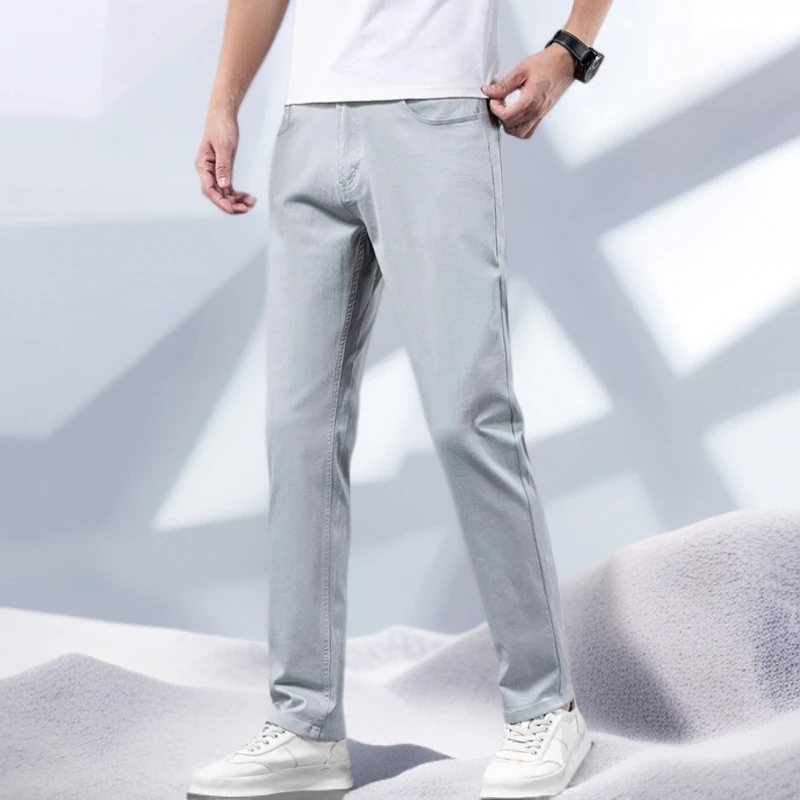 宾斯洛特新款夏季蓝灰色休闲牛仔裤男修身直筒裤子夏薄款透气男裤