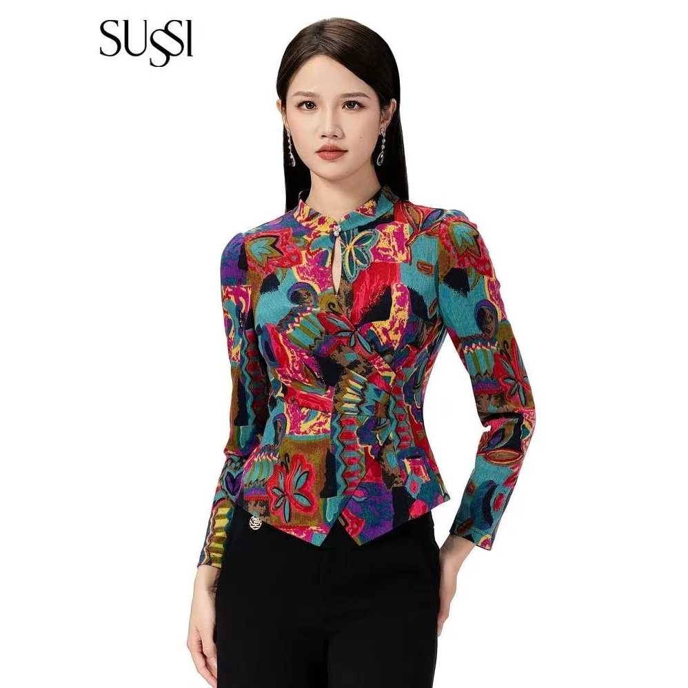 SUSSI/古色交插领泡泡长袖收腰纯色上衣显瘦修身中式印花立领