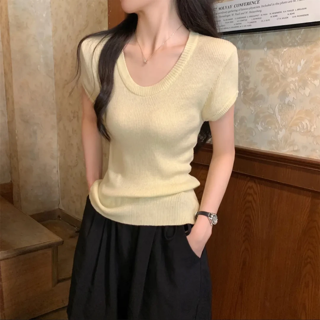 小众U领针织衫正肩短袖t恤女2025夏季设计感修身显瘦短款打底上衣