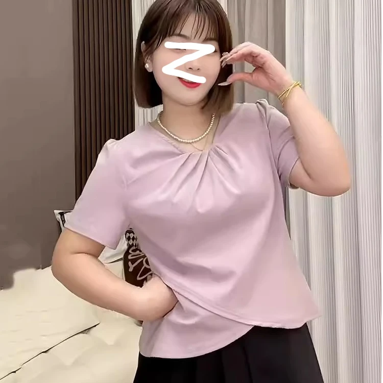 大码女装V领正肩短袖t恤女2025春夏新款胖mm遮肉显瘦内搭别致上衣