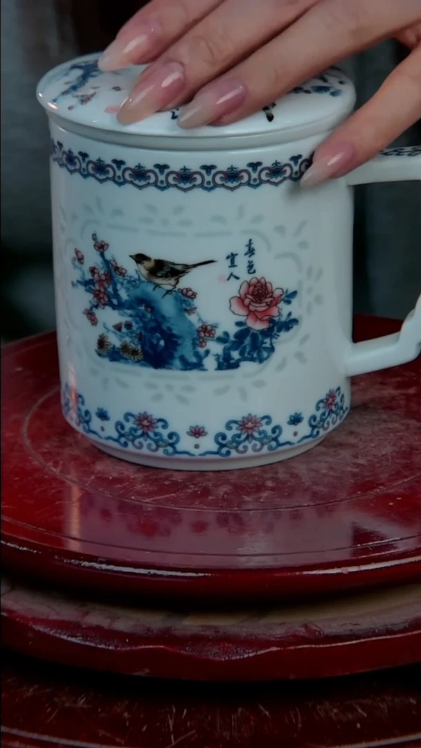 摆件陶景德镇陶瓷摆件花鸟玲珑小号办公杯