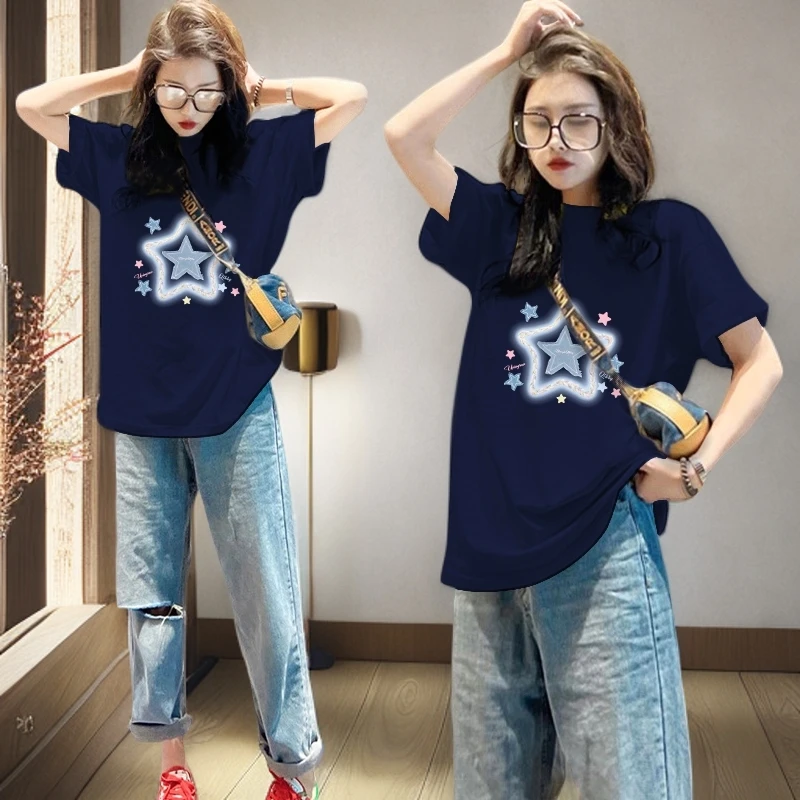 美式纯棉长款短袖女2025年夏季新款藏青色宽松百搭上衣ins基础t恤