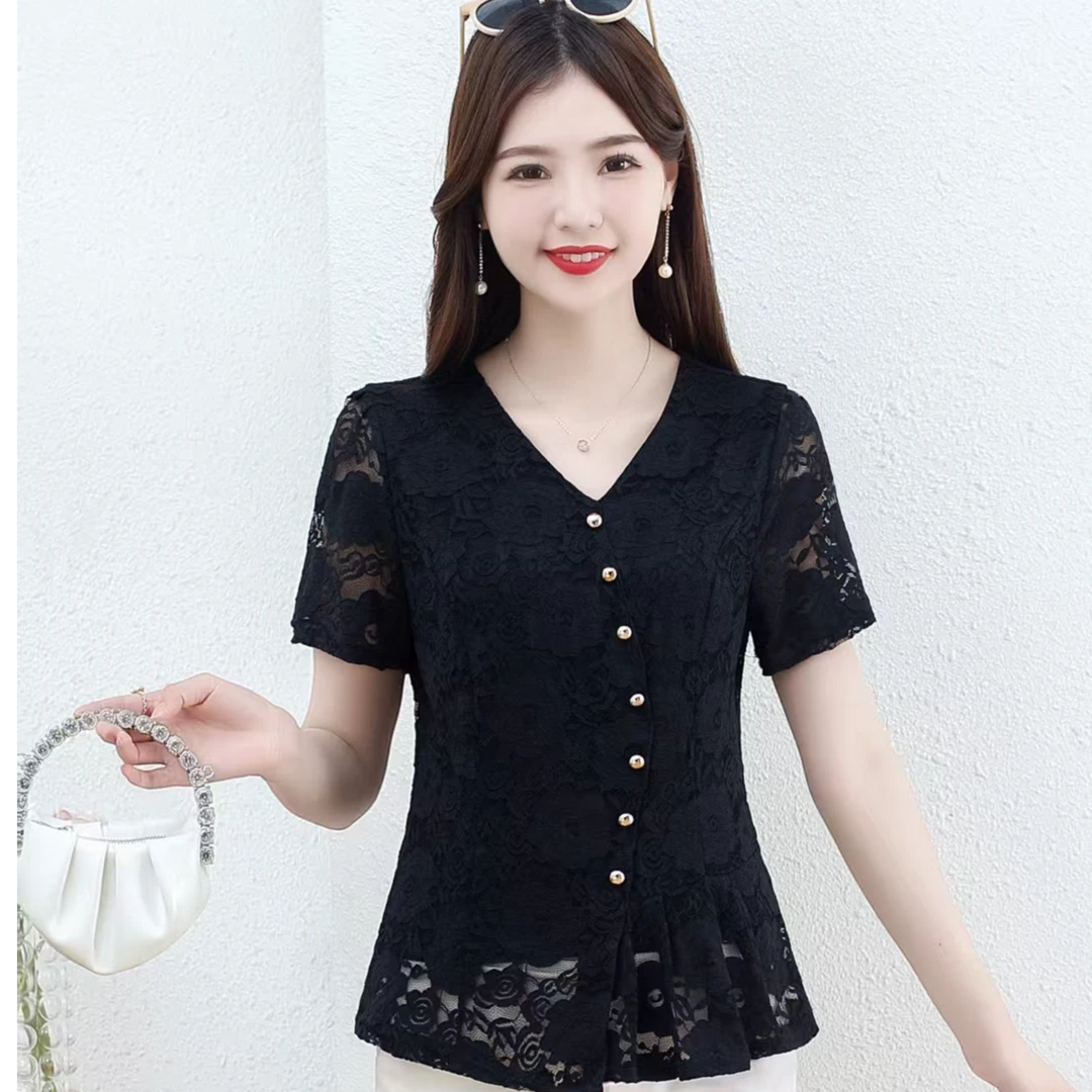 设计感V领蕾丝衫女2025夏季新款时尚洋气百搭修身显瘦打底衫上衣