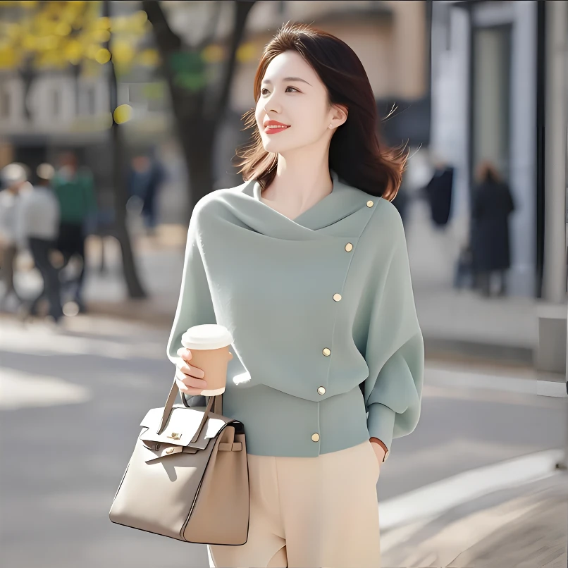 年终狂欢季休闲灯笼袖修身型气质毛针织衫设计感常规款秋秋职业时