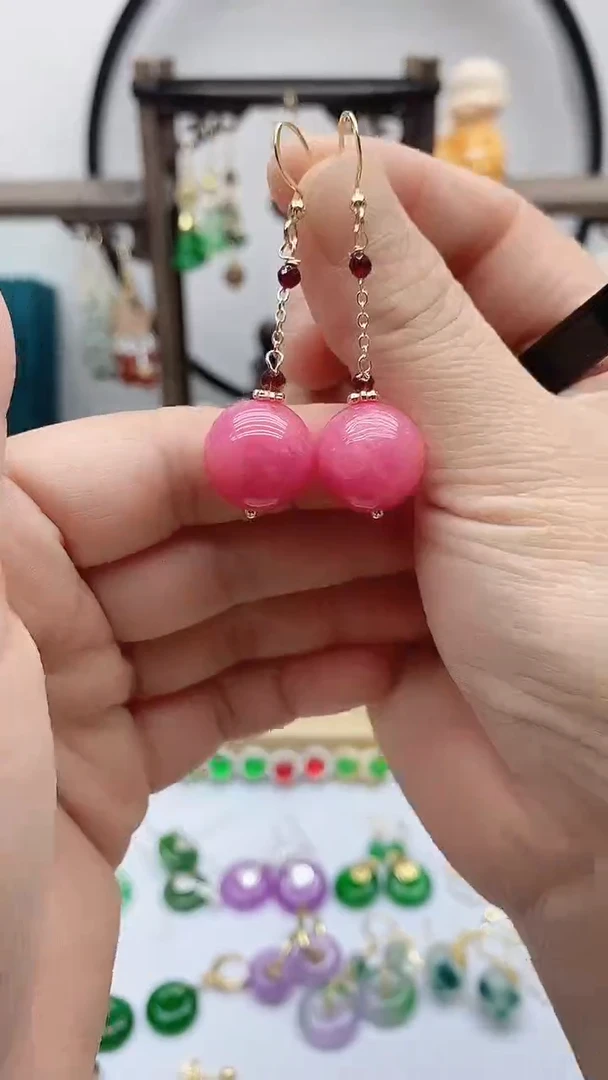 14K金镶嵌菱锰矿（红纹石）耳饰7