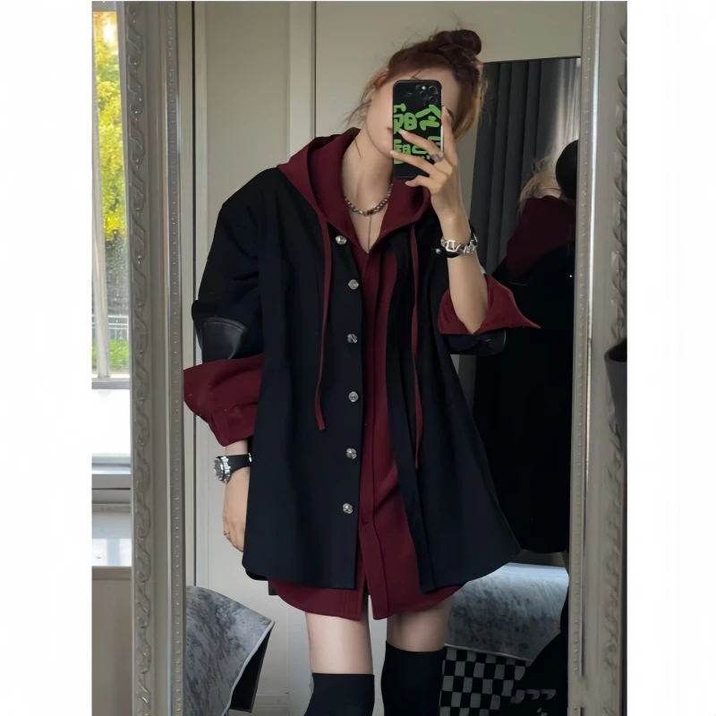 大码宽松连帽红衬衣+黑色拼接外套叠穿休闲两件套时尚春秋女装