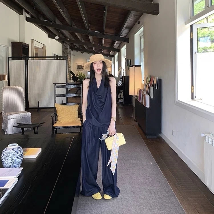 休闲裤女夏薄款阔腿裤高腰拖地长裤宽松直筒裤子挂脖上衣两件套装