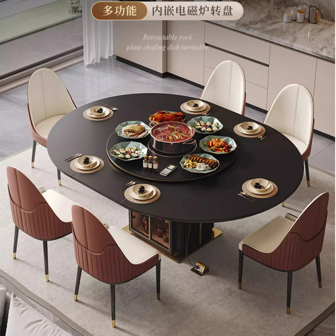 伸缩餐桌多功能折叠两用电磁炉现代轻奢圆形家用新款黑色岩板圆桌