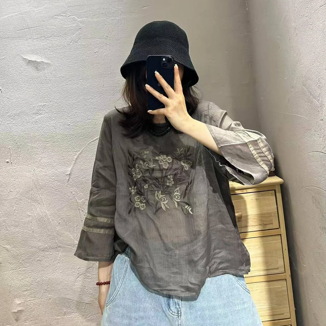 【半奏】夏季新款苎麻刺绣花色衬衫复古文艺 胸围120衣长60