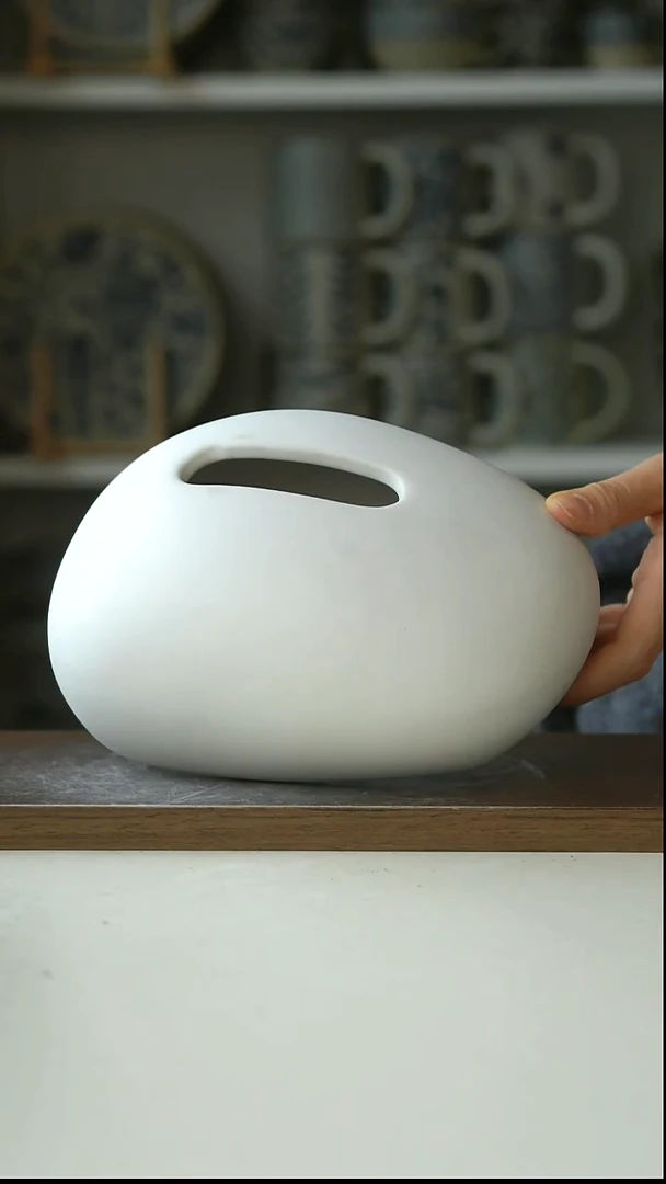 陶极简白雾面陶瓷鹅卵石纸巾盒19cm@4-2@微瑕