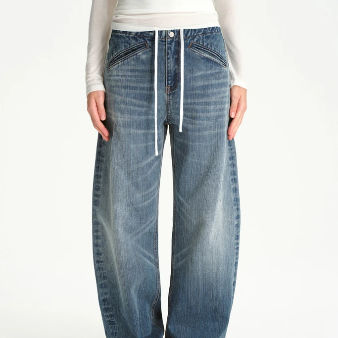 SMIIILE 弯刀洗水抽绳宽松阔腿牛仔裤女休闲低腰