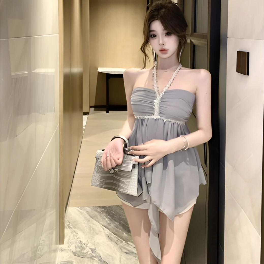 设计感手工钉钻挂脖露背上衣女夏季灰色收腰显瘦气质百搭吊带上衣