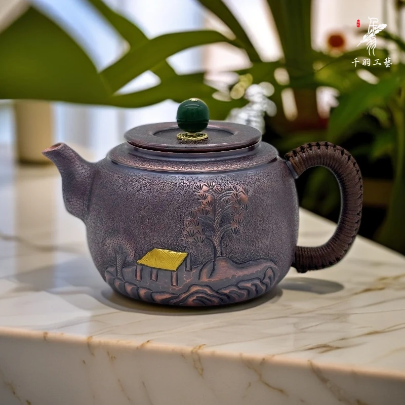 【千羽铜壶】250ML做旧金屋錾刻泡茶冲泡壶纯手工锤纹精品茶具茶器