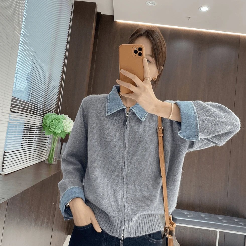G729#大码~秋冬衬衫领牛仔拼接毛衣新款减龄双拉链开衫针织衫女潮
