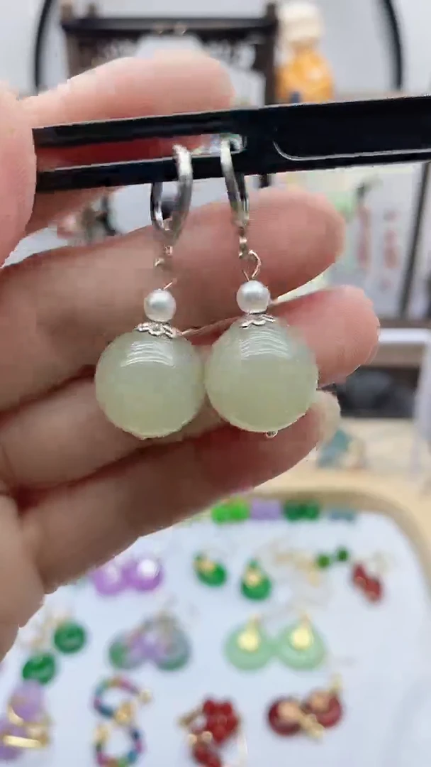 银S925镶嵌和田玉耳饰134