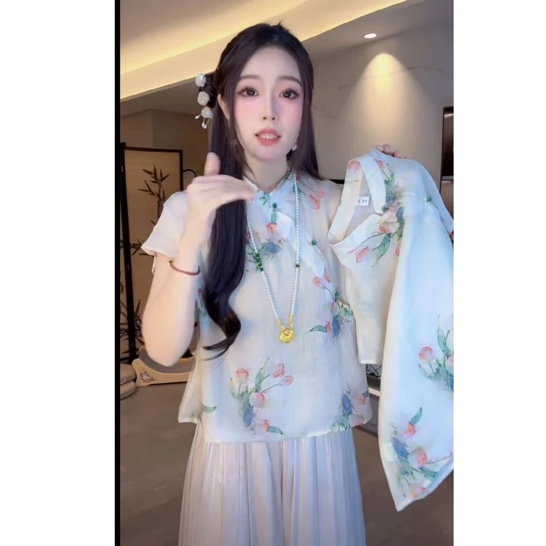 新中式国风上衣复古减龄气质衬衣女夏季斜襟盘扣小衫9013