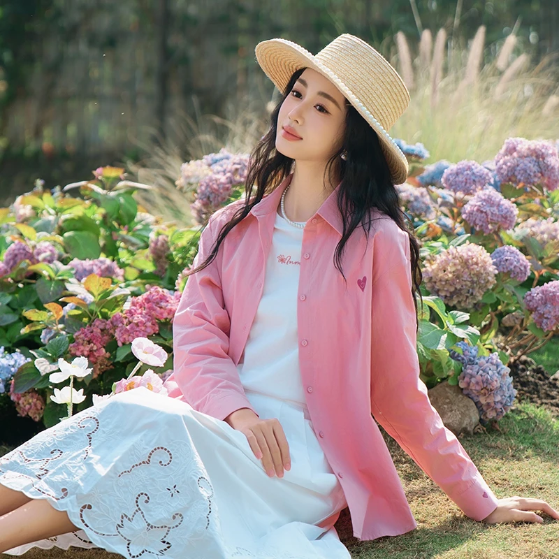 【品牌折扣】茵曼爱心通勤气质百搭纯棉衬衣上衣F18518387