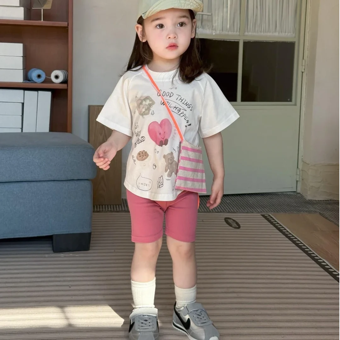 壹妈韩版童装2025夏季新款白色卡通短袖T恤粉色打底裤休闲套装