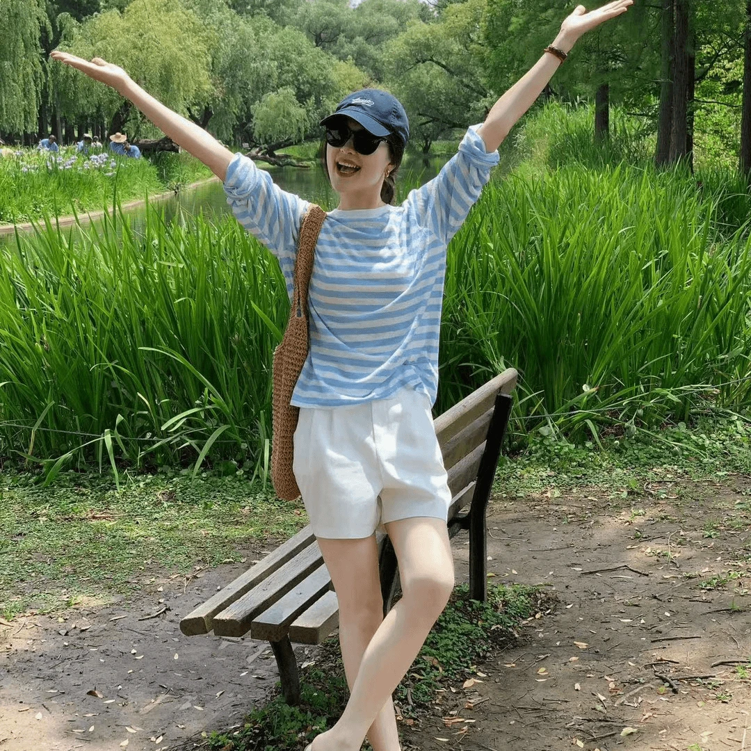 夏装搭配一整套舒适宽松显瘦长袖防晒T恤高腰休闲短裤减龄两件套