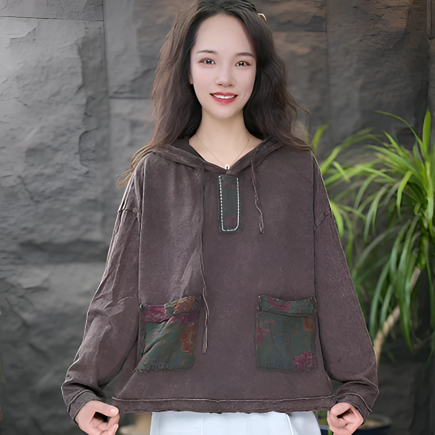 JJ长袖连帽套头宽松型休闲风女卫衣春秋秋冬家居服加绒