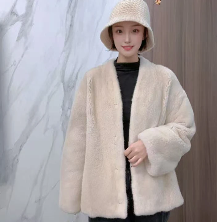 嘉美皮草【甜美日记】珍珠V领进口水貂皮外套新款简约款