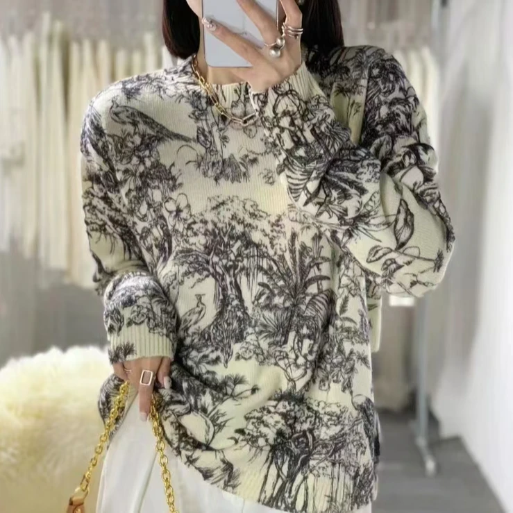 春秋时尚薄圆领套头水墨画印花针织衫女打底上衣