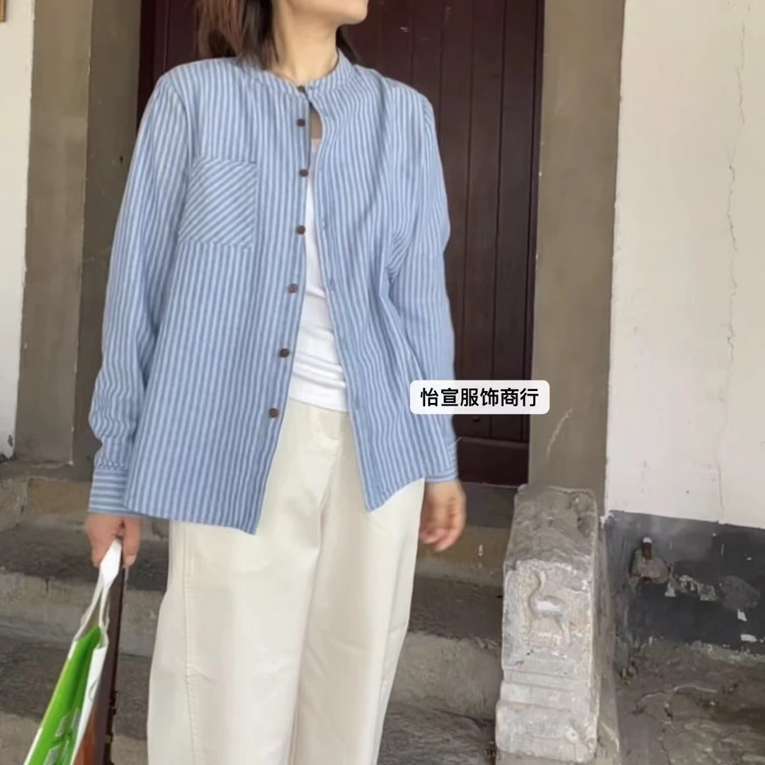 新款宽松休闲条纹立领衬衣女650