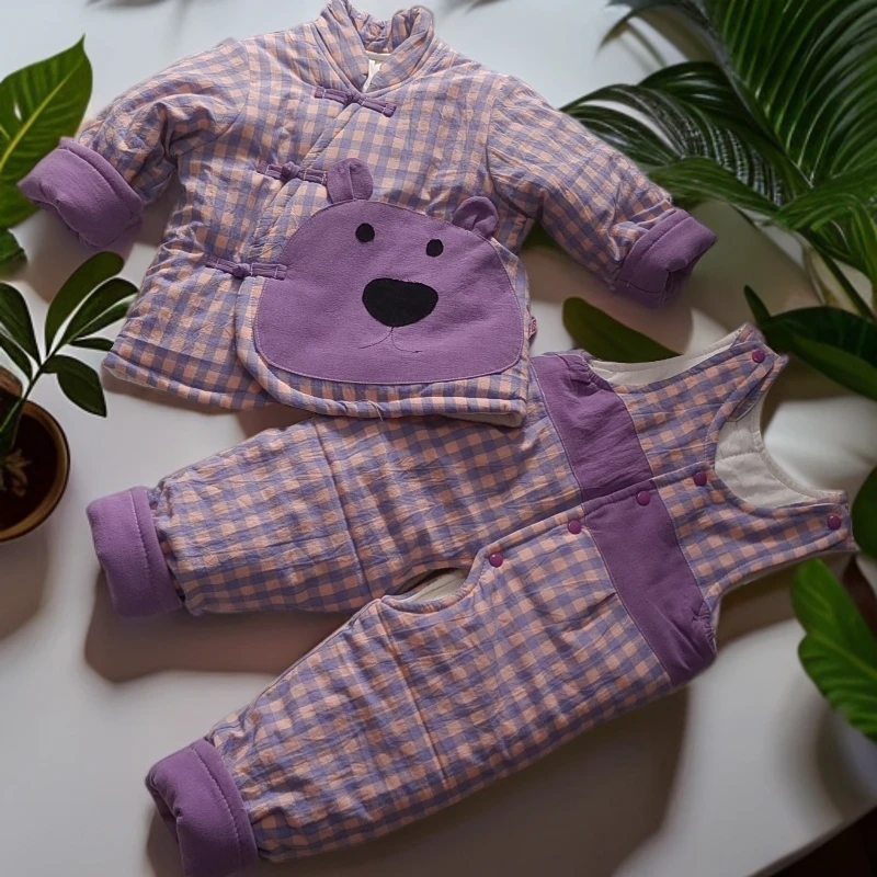 加绒加厚款厚款背带连体衣民族风格子棉袄儿童加厚男棉服