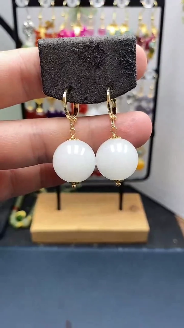 和田玉银S925镀金镶嵌耳饰尺寸16mm耳扣77