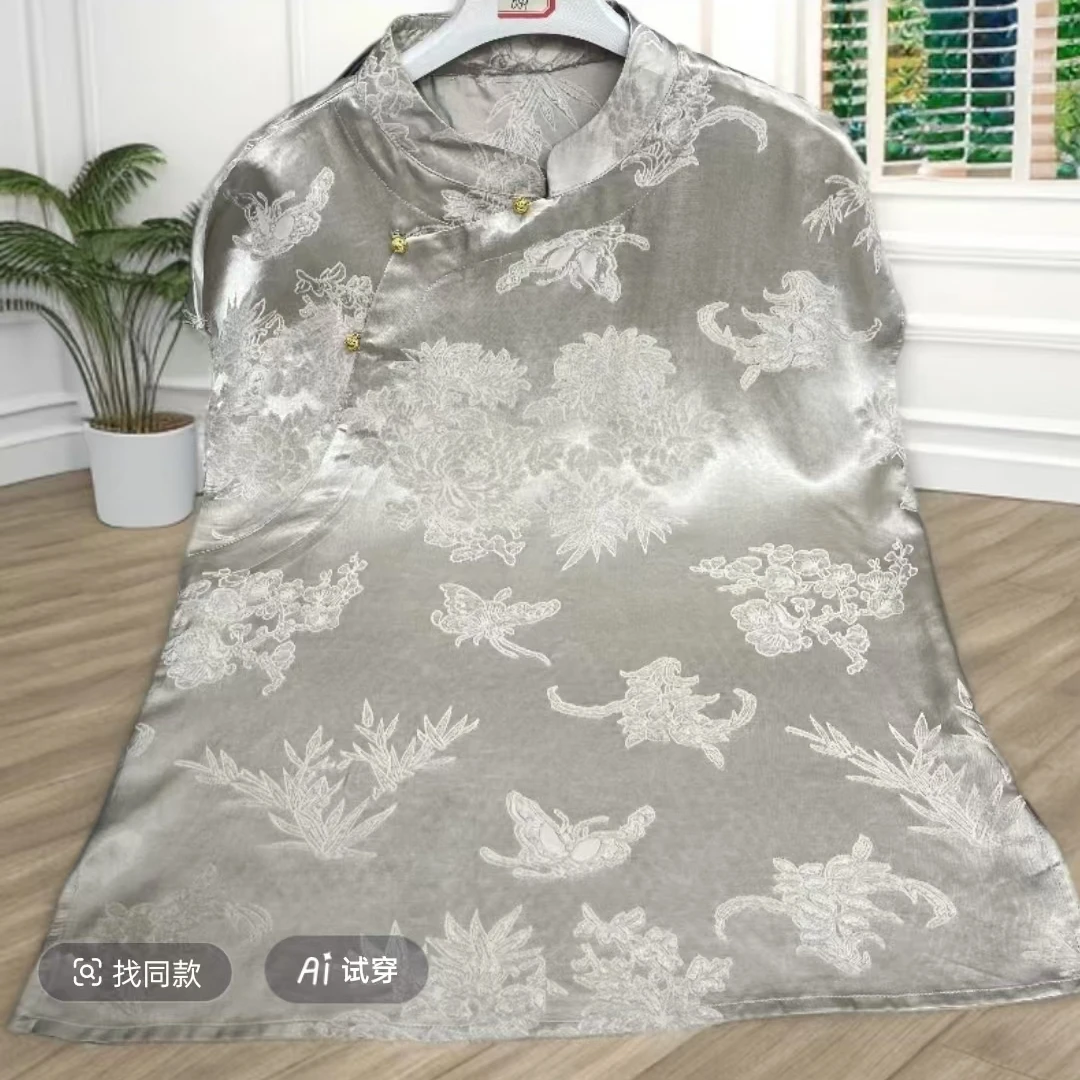 【素色】夏季新款新中式暗纹提花斜襟无袖衬衫温柔气质国风上衣398