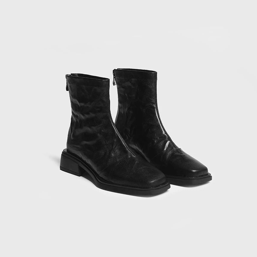 高档舒适时尚百搭气质方头粗跟羊皮马丁靴百搭后拉链短靴子单靴潮