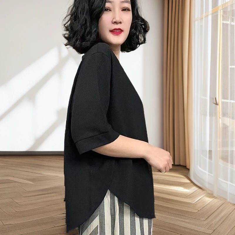 夏季新款时尚百搭圆领设计感不规则华夫格卫衣显瘦洋气