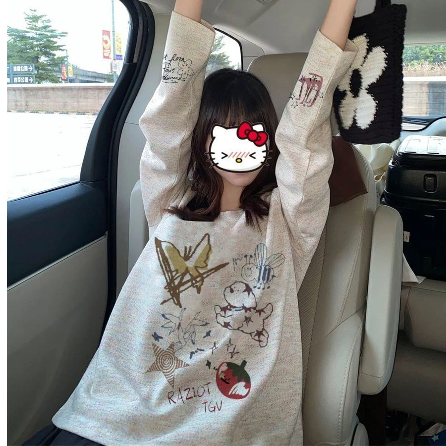 【ZHAP】圆领打底衫250克彩纱长袖t恤女秋冬宽松气质通勤百搭上衣潮