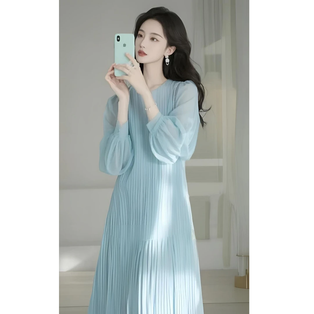 SS934法式气质名媛女神高端精致高级感超好看温柔风蓝色连衣裙