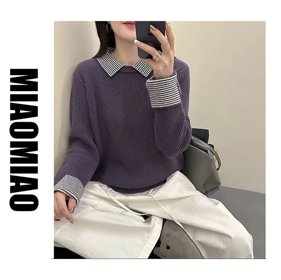 【大码】5111条纹拼接翻领秋冬新款长袖针织衫女毛衣气质减龄上衣