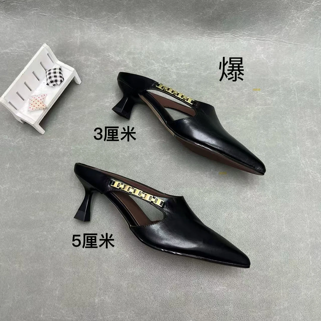 3-5厘米小跟仙女风包头凉拖鞋配裙子半拖女鞋米白色外穿镂空透气