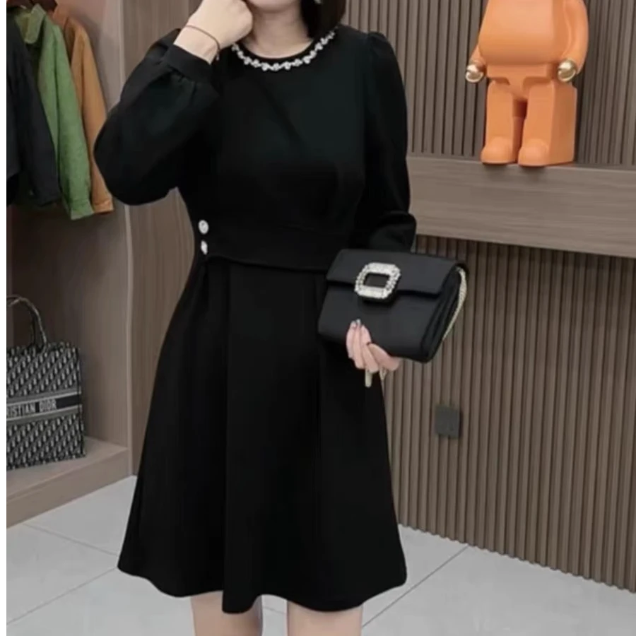 Phm赫本风重工复古钻领假腰带连衣裙LLYY 4554