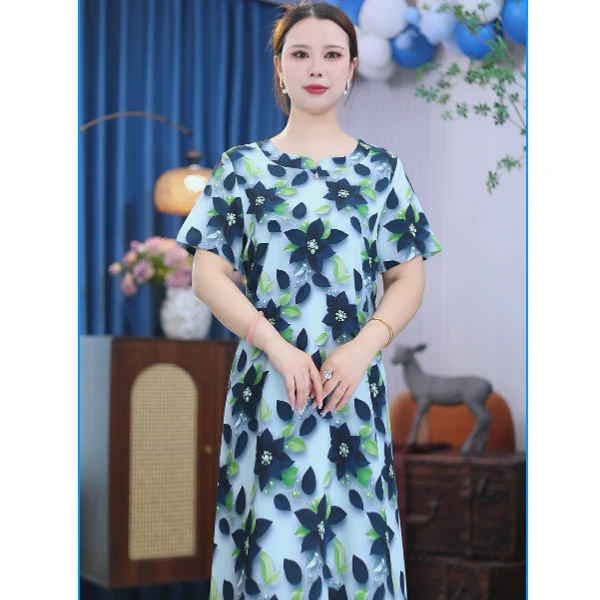 【兰花草】夏季洋气直筒a字版显瘦遮肉大码气质妈妈装短袖连衣裙