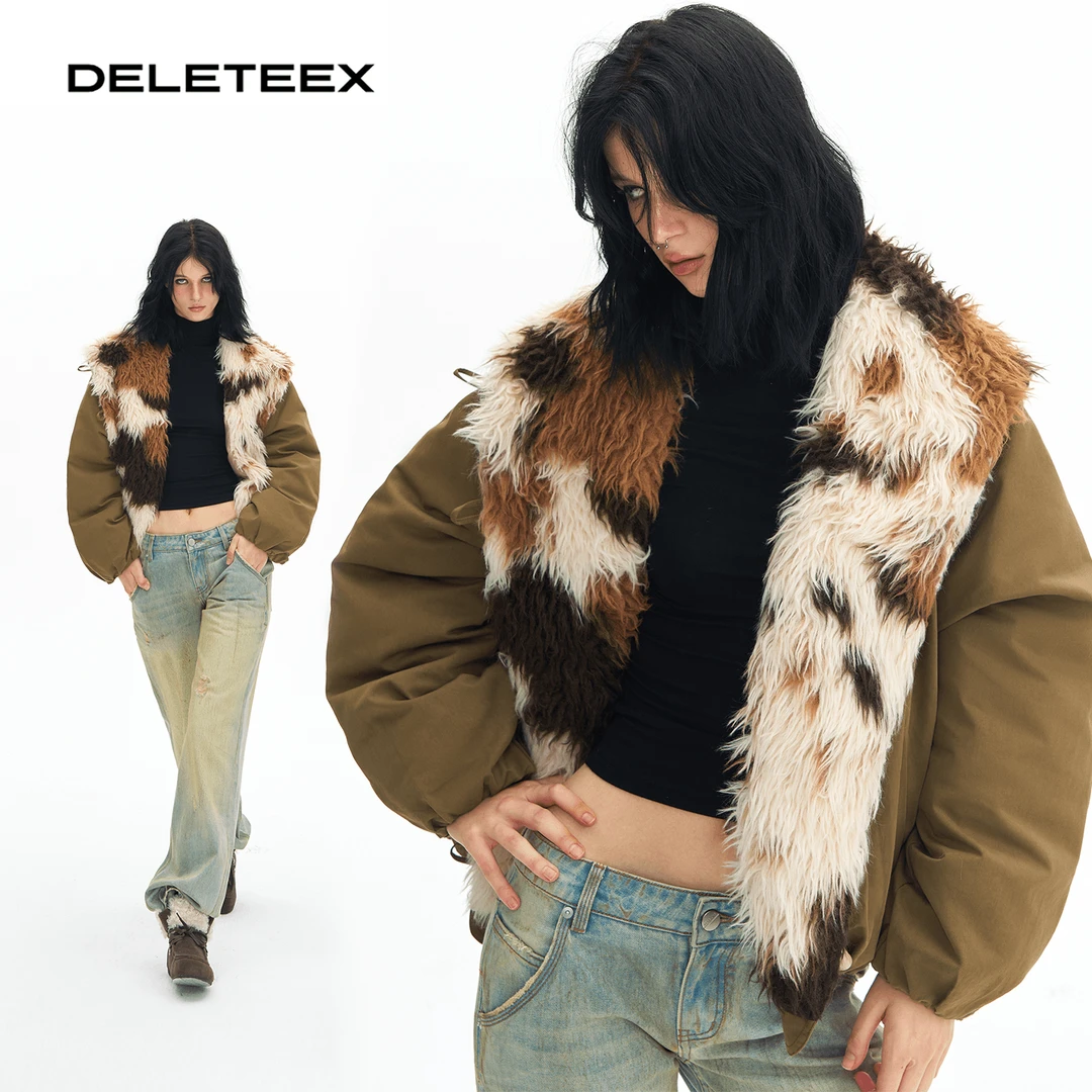 Deleteex原创回到伦敦系列环保皮草花斑大翻领茧型休闲羽绒服