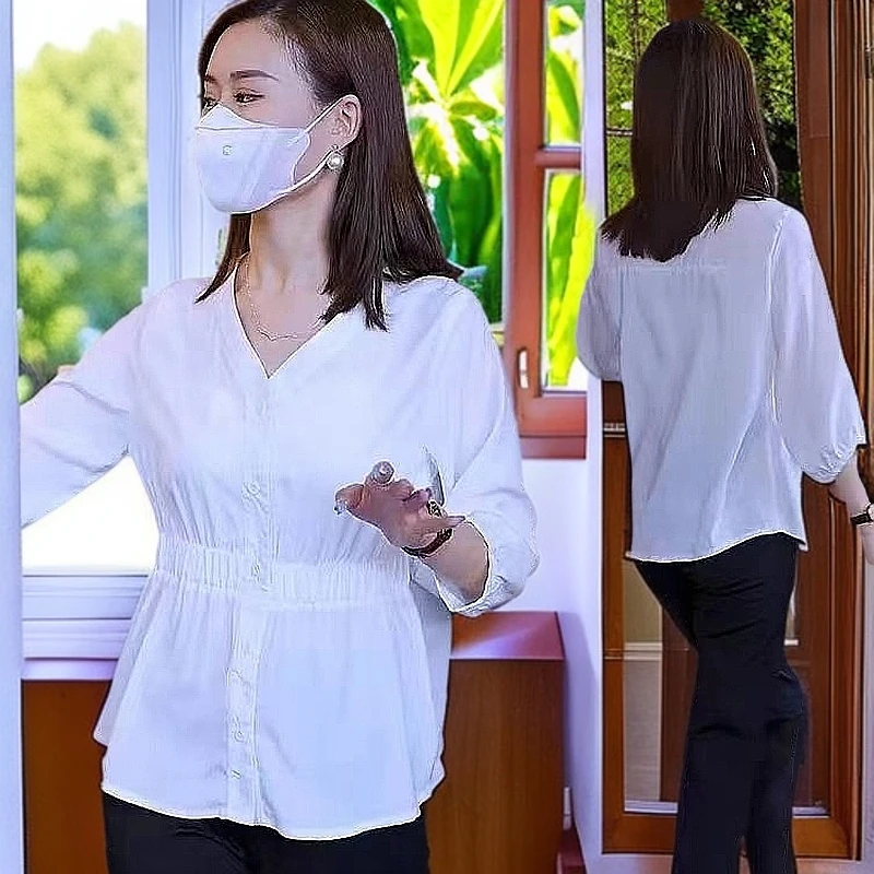 宽松大码女装时尚遮肚子显瘦女七分袖衫衬夏季小衫秋季遮肚子洋气