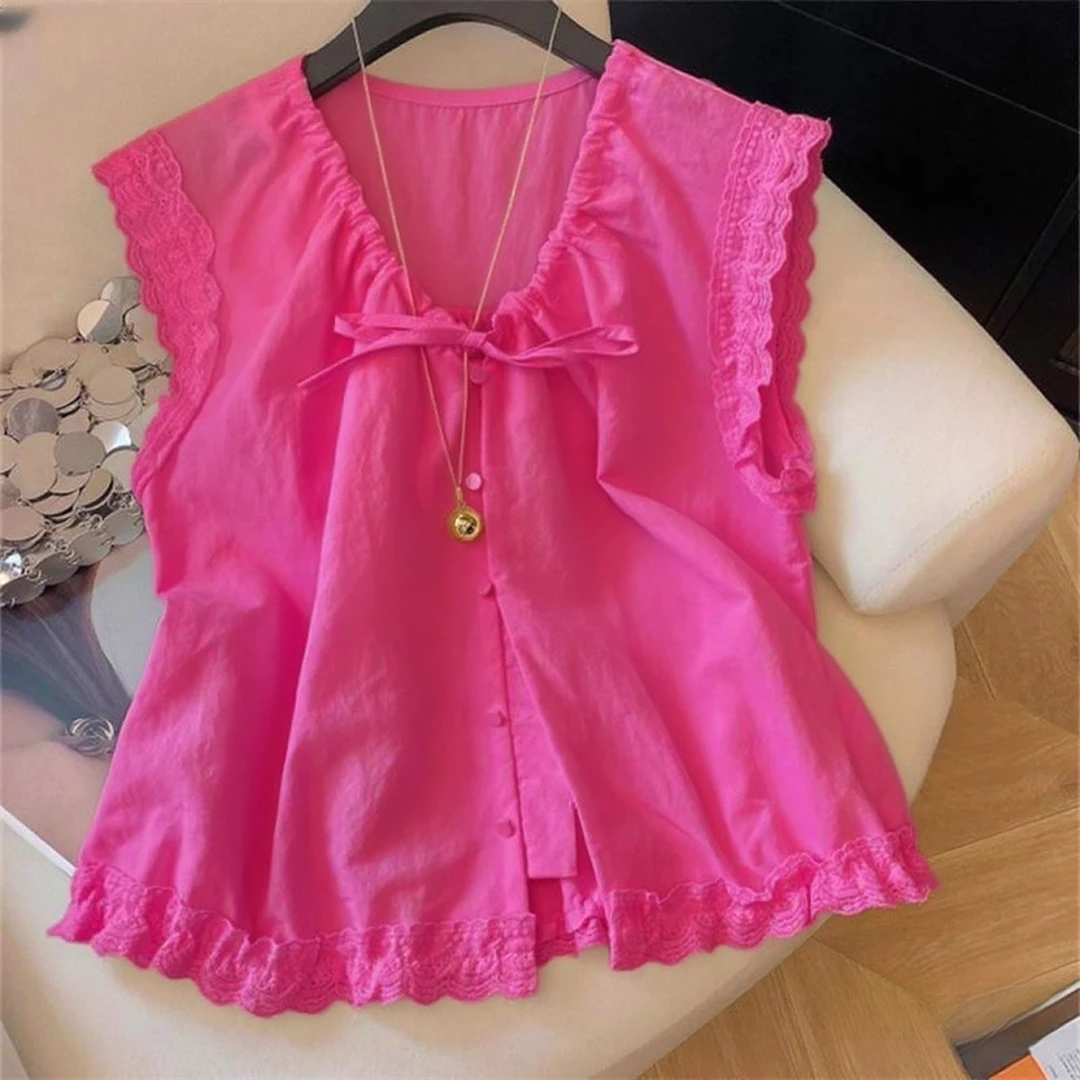 韩系树莓粉甜美减龄蕾丝拼接V领系带衬衫女夏季洋气独特漂亮小衫