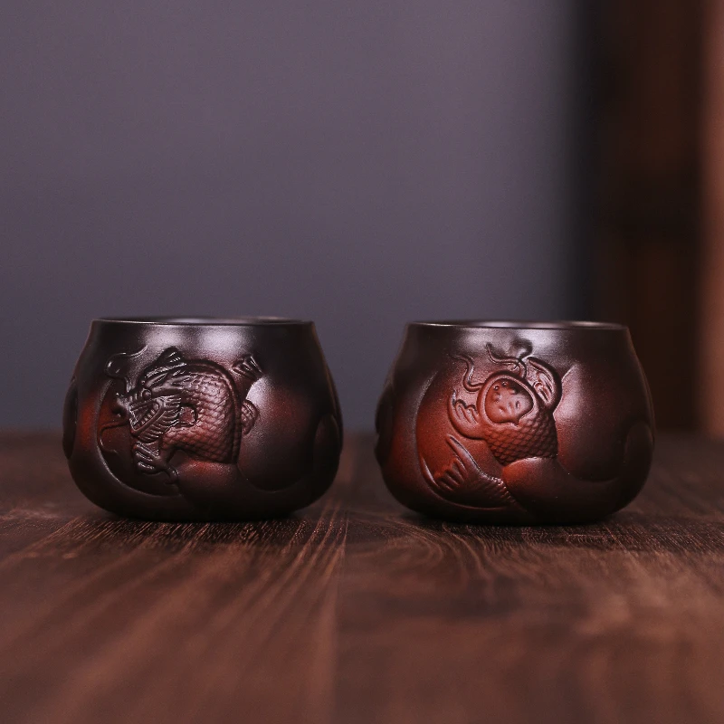 紫陶鱼化龙茶杯主人杯功夫泡茶盏杯品茗杯大宽口客人杯2个装E237
