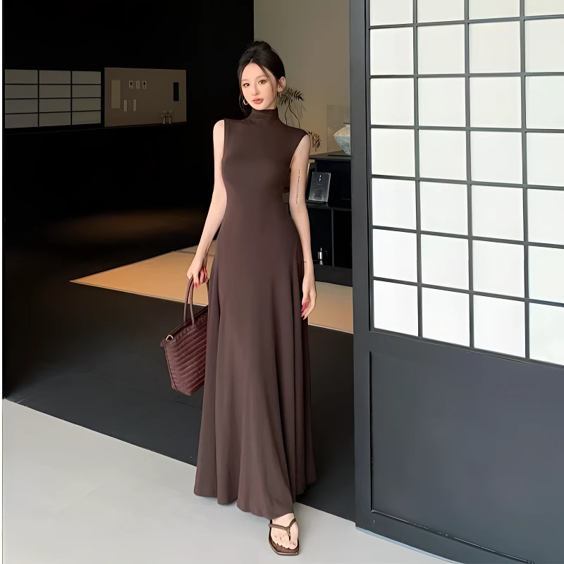 法式气质半高领无袖背心连衣裙女修身辣妹休闲长裙