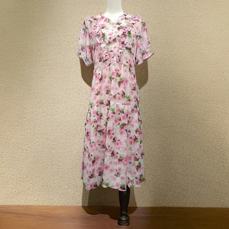 夏季V领泡泡袖玫瑰印花宽松显瘦连衣裙S125