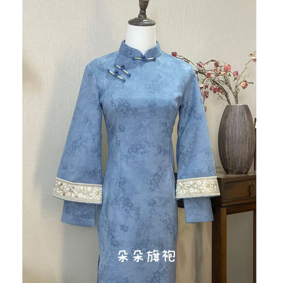 （青韵)长袖新中式常规款日常长裙旗袍冬款蕾丝夏季蓝色